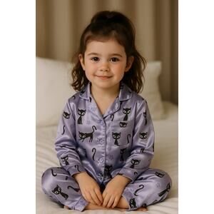 Y2K Vintage Purple Cat Print Pajama Top Mary-Kate and Ashley Kids XS (4/5)